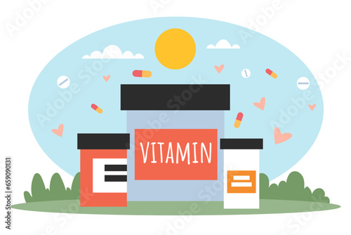 Vitamin bottle medicine medical drug food supplement nutrition concept. Vector flat graphic design illustration