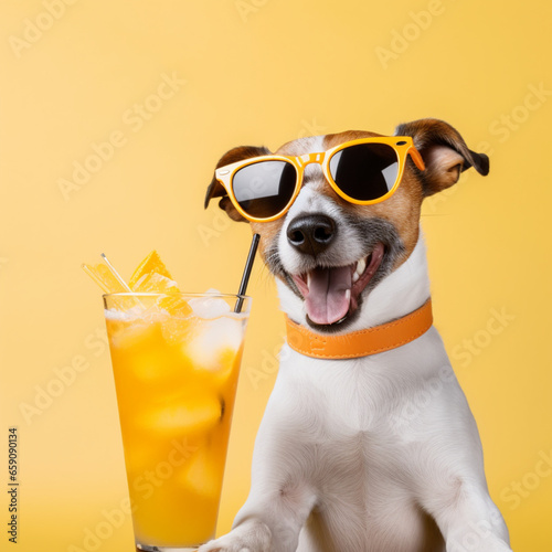 A happy jack russell drinks an orange, citrus drink or soft drink, on a yellow background © Peludis