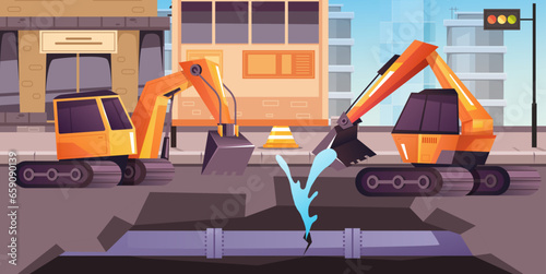 Broken city water pipe pipeline burst break plumbing concept. Vector flat graphic design illustration
