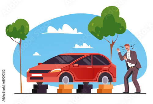 Thief stole car wheels robbery road concept. Vector flat graphic design illustration