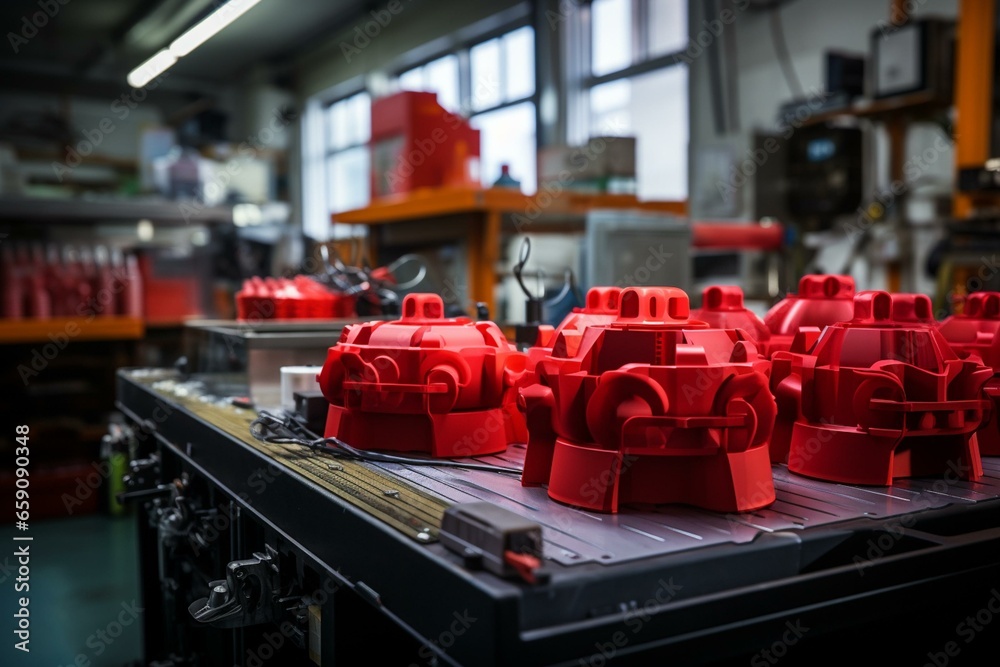 Production of plastic parts via injection molding machine and 3D injection mold for cups, boxes, and toolboxes. Generative AI - obrazy, fototapety, plakaty 