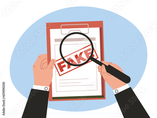 Fake document profile fraud paper office stamp concept. Vector flat graphic design illustration