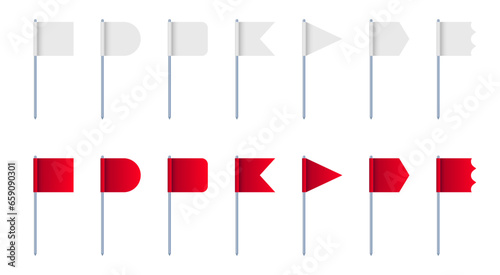 Flag pennant mockup white red toothpick stick isolated set. Vector flat graphic design illustration