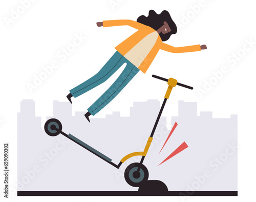 Electric scooter fall falls broken concept. Vector flat graphic design illustration