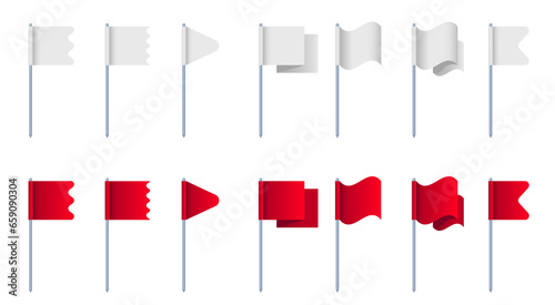 Flag pennant mockup white red toothpick stick isolated set. Vector flat graphic design illustration