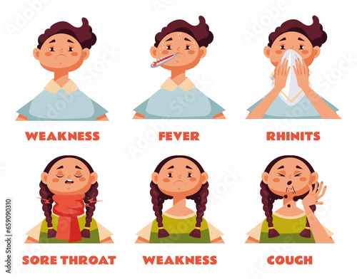 Flu influenza sick kid children symptoms isolated set. Vector flat graphic design illustration
