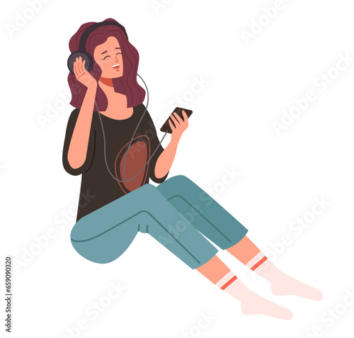 Girl woman character listening music isolated concept. Vector flat graphic design illustration