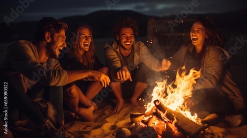 Beach Bonfire Bliss: Group of Friends Laughing Together by the Fire