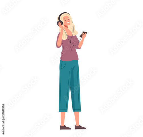 Girl woman character listening music isolated concept. Vector flat graphic design illustration