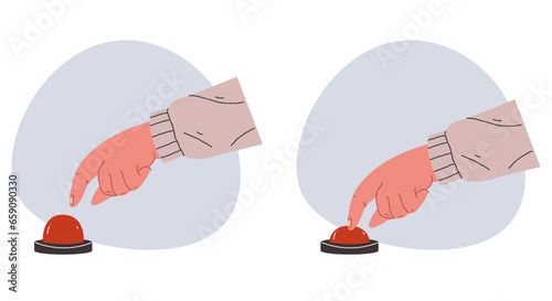Hand arm press red emergency stop start button with finger isolated concept. Vector flat graphic design illustration