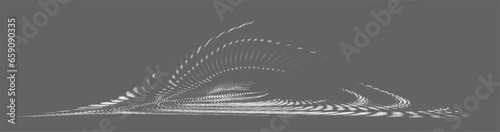 Halftone white frame of mixed concentric circles, semicircles and swirling radii of dots and spots. Gray background as an example. Space for copying text. Vector.