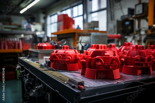 Production of plastic parts via injection molding machine and 3D injection mold for cups, boxes, and toolboxes. Generative AI
