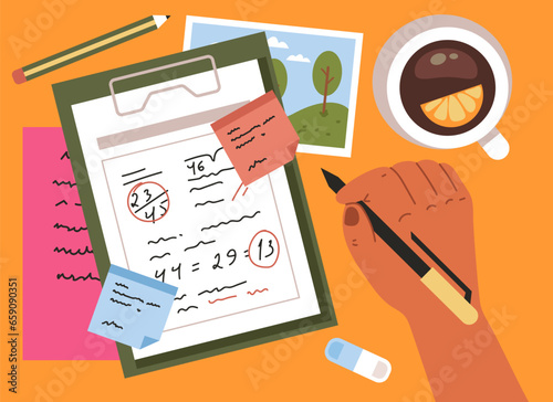Table workplace school business desk checklist organization concept. Vector flat graphic design illustration
