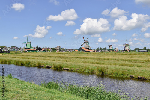 dutch windmills village in spring , netherlands 