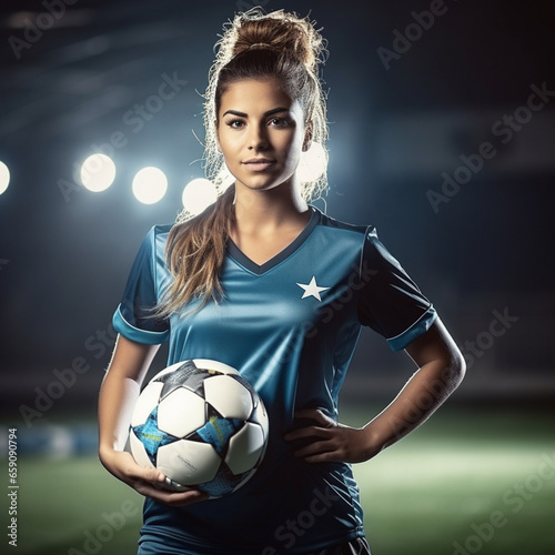 Young woman holds a soccer ball, she is a professional soccer player