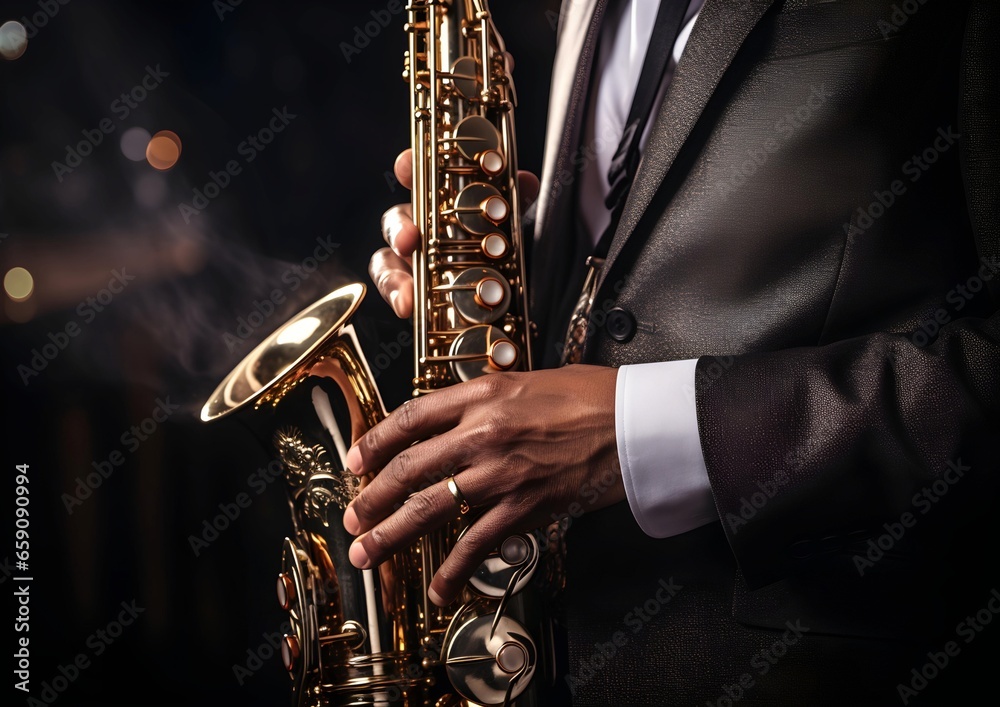Obraz premium musician's hands playing a saxophone with passion 