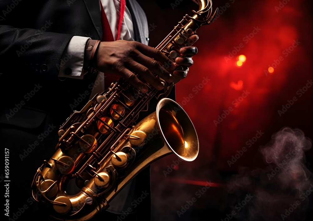 Obraz premium closeup of Musician's Hands Playing Saxophone with Passion