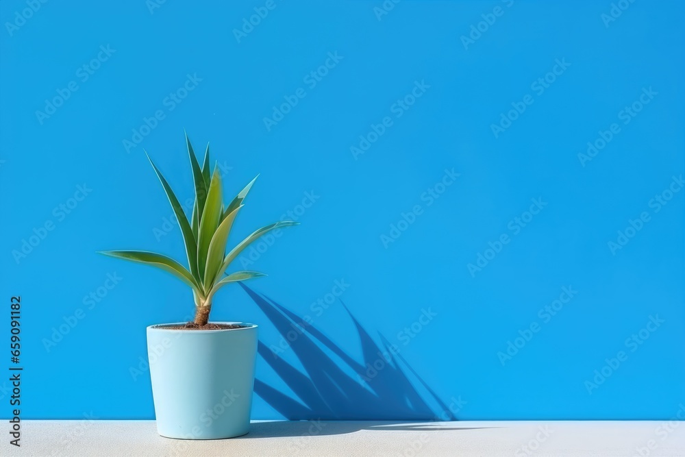 plant in pot against a blue wall background with copy space plant in pot against a blue wall background with copy space
