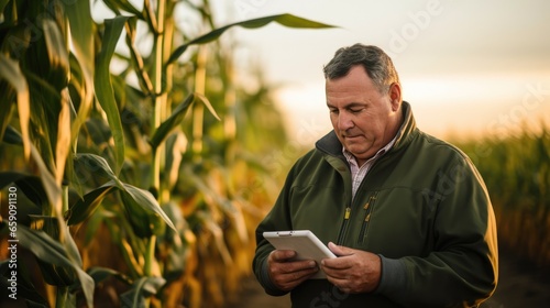 A forward-thinking farmer stands in a lush cornfield, using a digital tablet for advanced crop monitoring and data-driven agriculture practices in a modern, technology-enhanced rural setting