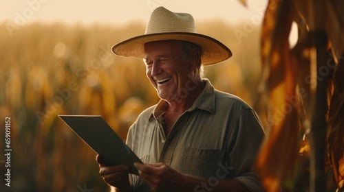 A forward-thinking farmer stands in a lush cornfield, using a digital tablet for advanced crop monitoring and data-driven agriculture practices in a modern, technology-enhanced rural setting