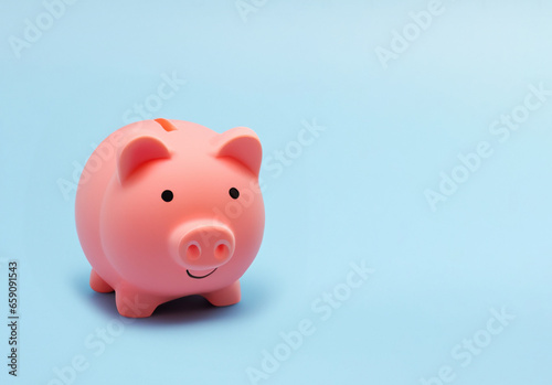 Pink piggy bank for money saving isolated on pastel blue background with copy space.