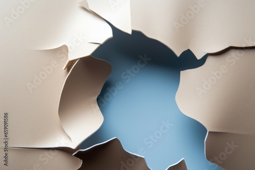 torn hole in paper on blue background