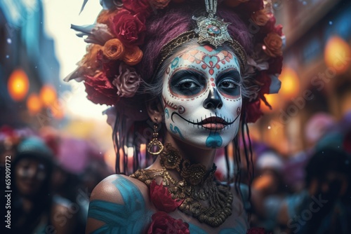 Portrait of a person with scull make up mask on Dia de los Muertos day on the day of the dead parade