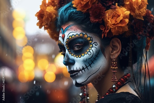 Portrait of a person with scull make up mask on Dia de los Muertos day on the day of the dead parade