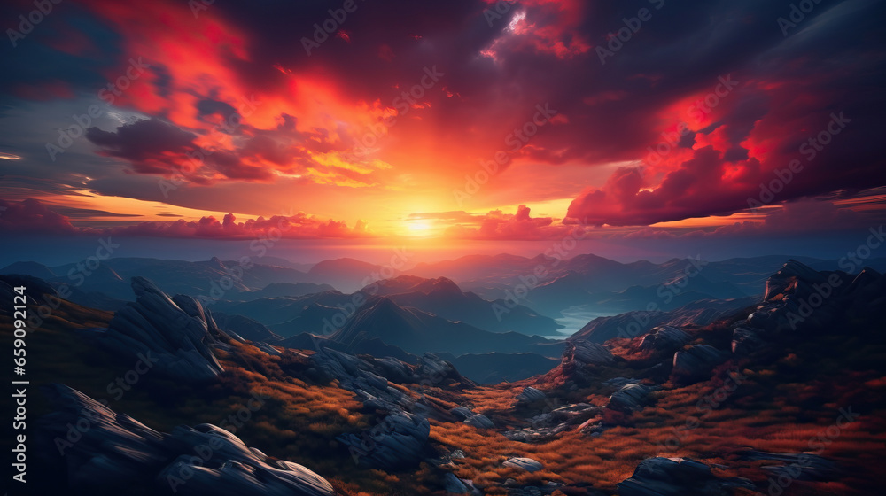 Beautiful sunset in the mountains. Dramatic sky. Beauty world