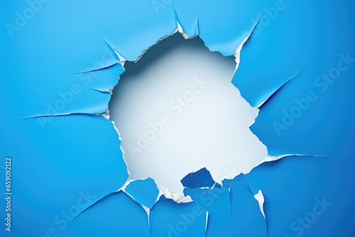 Torn and ripped paper hole on a blue background