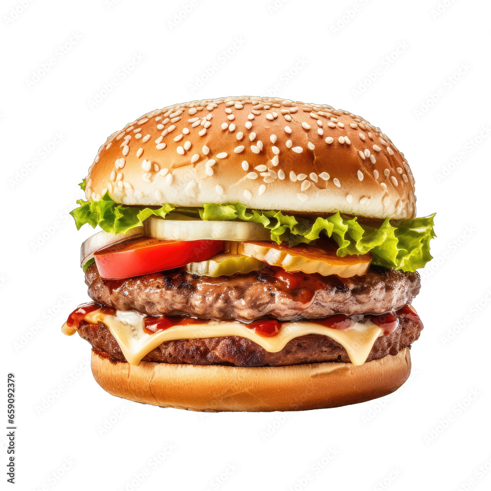 For Menu: Tasty Double Beef Burger Isolated on Transparent White Background - Big Fresh Juicy Cheeseburger Fastfood with Beef Patty, Tomatoes, Cheese, Cheddar, Lettuce, Ketchup, Generative AI For Menu: Tasty Double Beef Burger Isolated on Transparent White Background - Big Fresh Juicy Cheeseburger Fastfood with Beef Patty, Tomatoes, Cheese, Cheddar, Lettuce, Ketchup, Generative AI