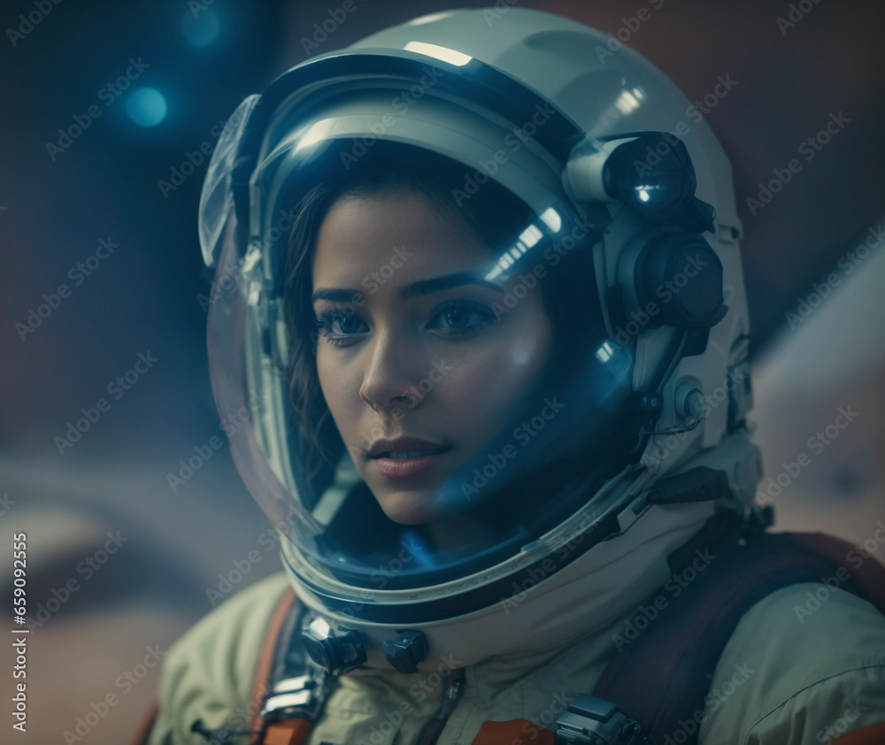 Portrait of a girl astronaut on Mars looking at the camera. Generative AI. Portrait of a girl astronaut on Mars looking at the camera. Generative AI.