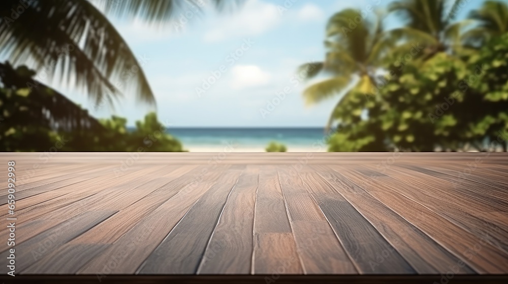 Dark wood floor top on blur tropical beach background, Advertisement, Print media, Illustration, Banner, for website, copy space, for word, template, presentation Dark wood floor top on blur tropical beach background, Advertisement, Print media, Illustration, Banner, for website, copy space, for word, template, presentation