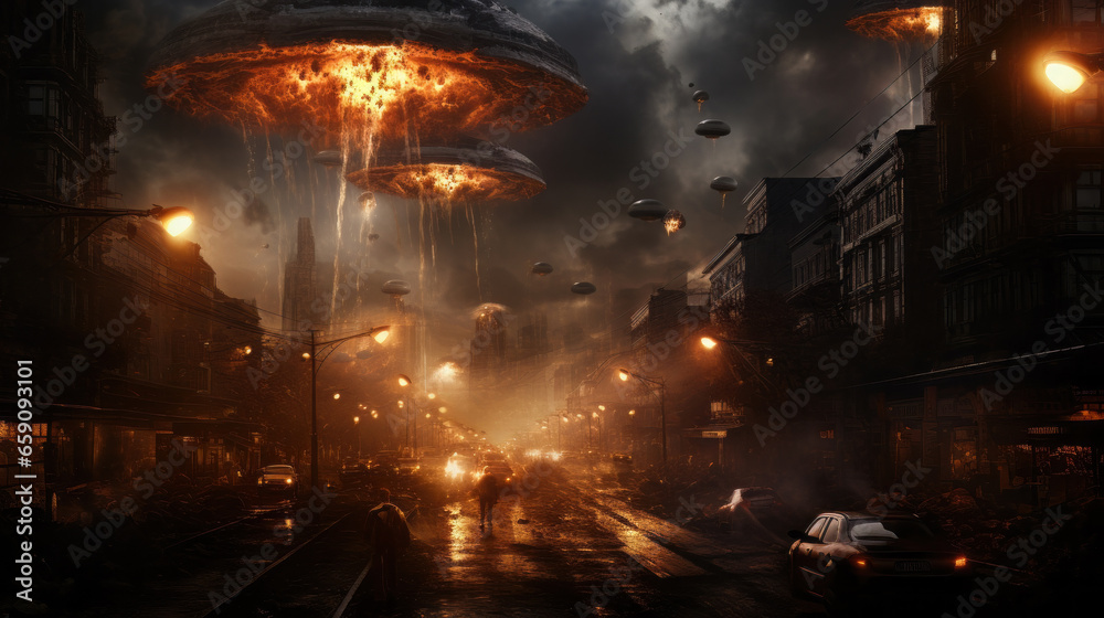 Alien spaceships attack Earth and destroy cities. Alien spaceships attack Earth and destroy cities.