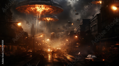 Alien spaceships attack Earth and destroy cities.