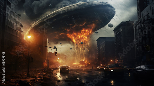 Alien spaceships attack Earth and destroy cities. photo