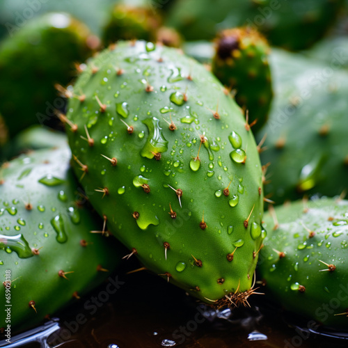 Fresh nopal plant of green color, which has a smaller cactus in growth. Photo close up photo