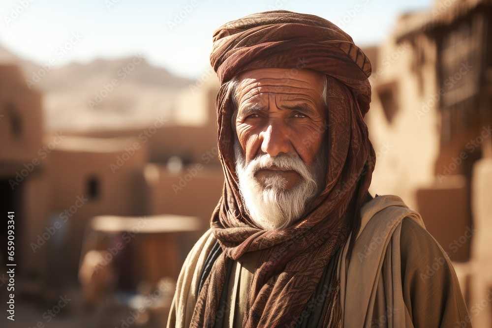 Weathered Old arab village old man. City home. Generate Ai