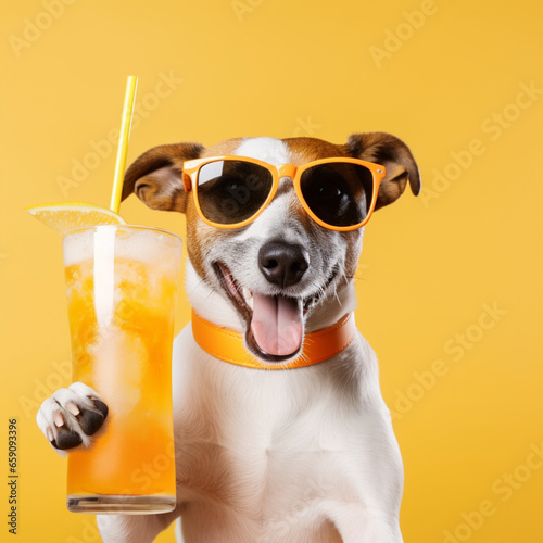 A happy jack russell drinks an orange, citrus drink or soft drink, wearing a sunglasses, spring and summer on a yellow background