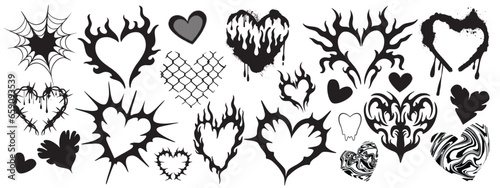 Heart tattoo Neo tribal set, gothic rock flame shape kit, vector u2k abstract love logo concept. Valentine punk retro sticker collection, neotribal web goth decoration. Stylised heart tattoo prints