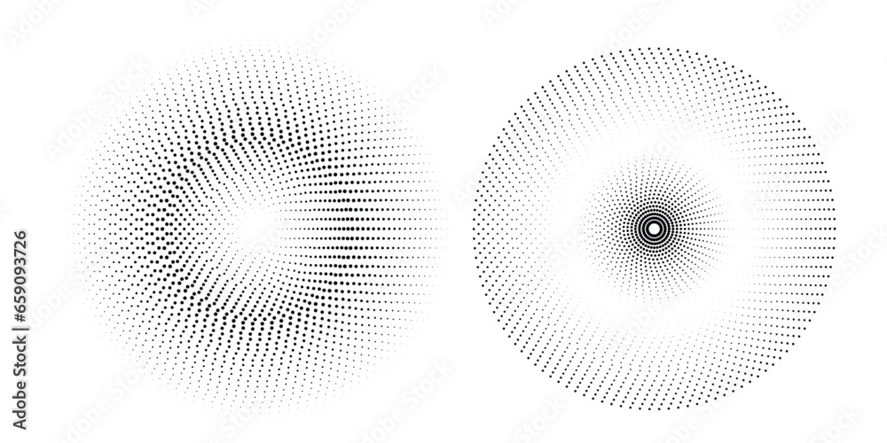 Circle with halftone black dots as advertising background or logo or icon. circular dot