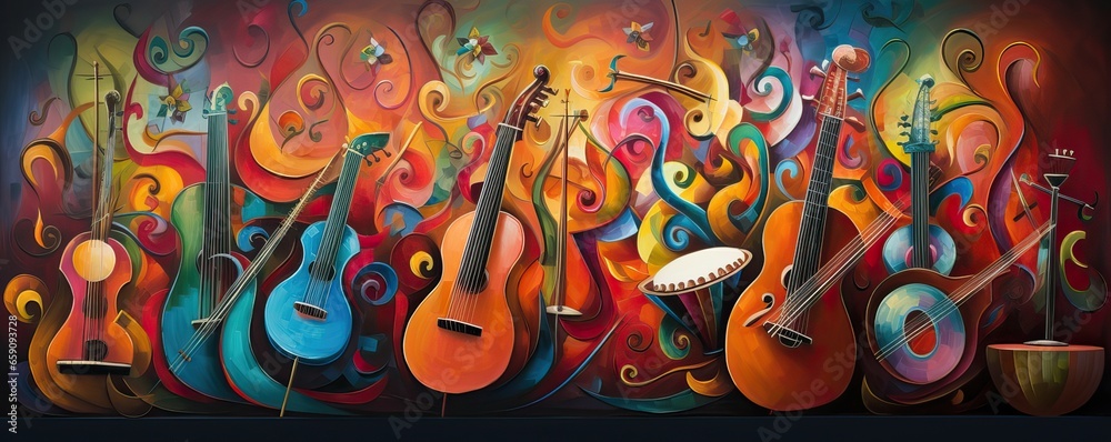 Abstract music background with musical notes and Colorful guitar,Musical Fusion background. Abstract music background with musical notes and Colorful guitar,Musical Fusion background.