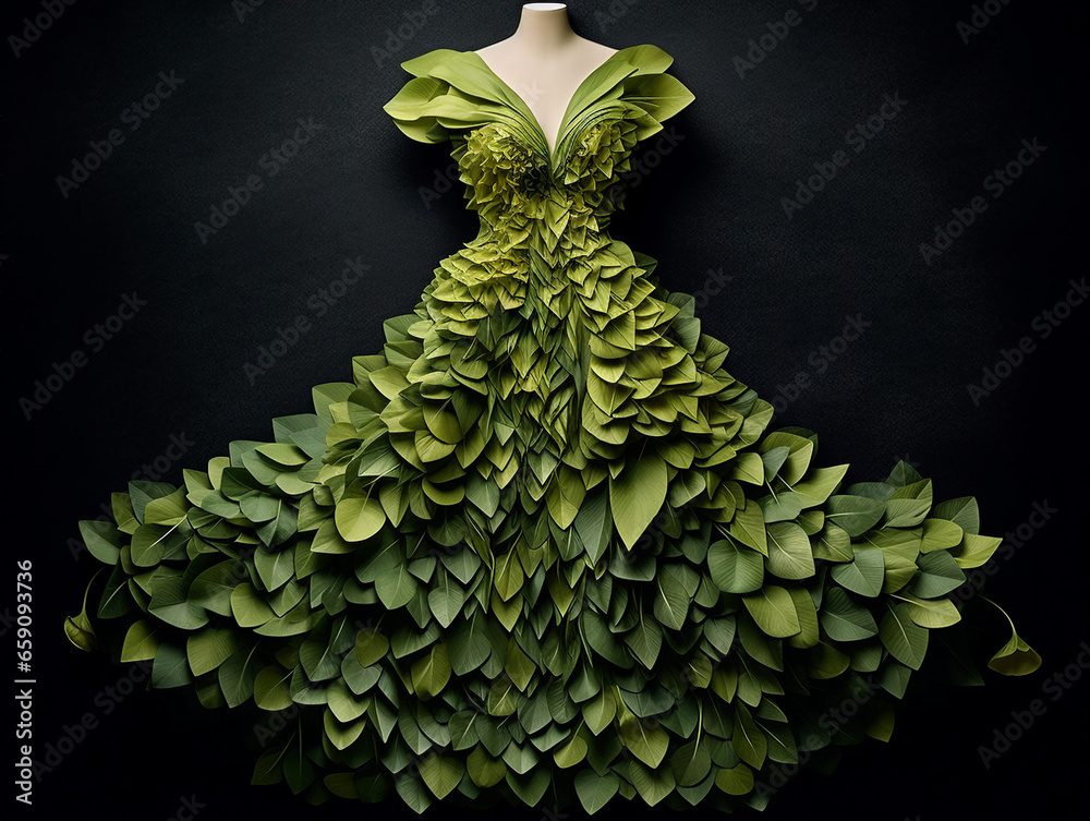 a beautiful dress made of autumn leaves. generative ai 