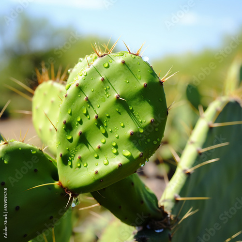 Fresh nopal plant of green color, which has a smaller cactus in growth. Photo close up photo
