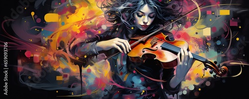 Young woman playing the violin on colorful abstract background Musical Fusion background.