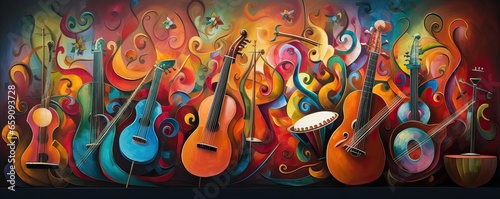 Abstract music background with musical notes and Colorful guitar,Musical Fusion background.