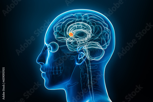 Nucleus accumbens in the brain x-ray 3D rendering illustration. Human body and nervous system anatomy, medical, biology, science, neuroscience, neurology concepts.