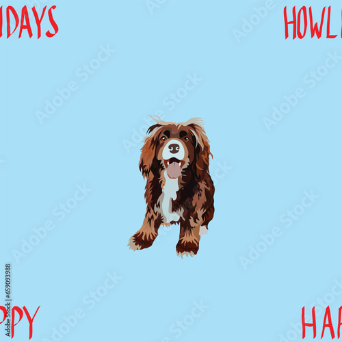 Cocker spaniel dog Christmas seamless pattern. Repeatable winter background. Happy Howlidays Dog Christmas Card for dog lovers. Abstract texture with spaniel Drawing. Cartoon style. Popular character photo