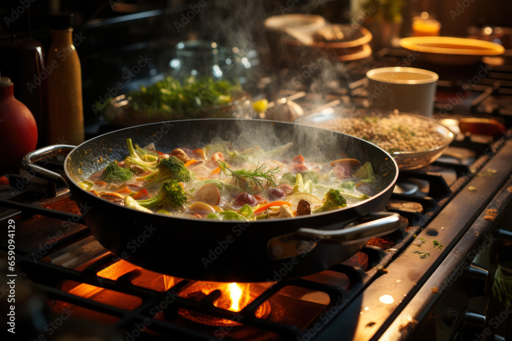 cooking vegetables in sauce in a frying pan generative ai cooking vegetables in sauce in a frying pan generative ai