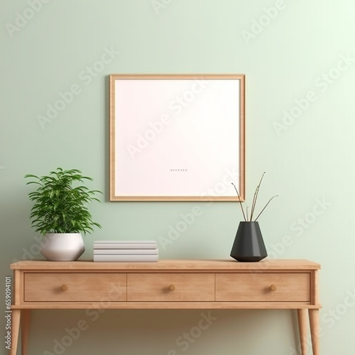 Blank pictures or photo frames mockup style for advertising, Minimalist decoration in a living room, with a desk or table